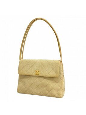 Chanel Shoulder Bag Quilted Canvas Beige Gold
